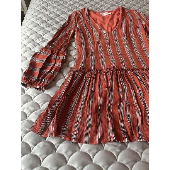 Showpo Mini Drop Waist Dress Sz 4 Autumn Colors Stripes V-neck - Picture 2 of 4